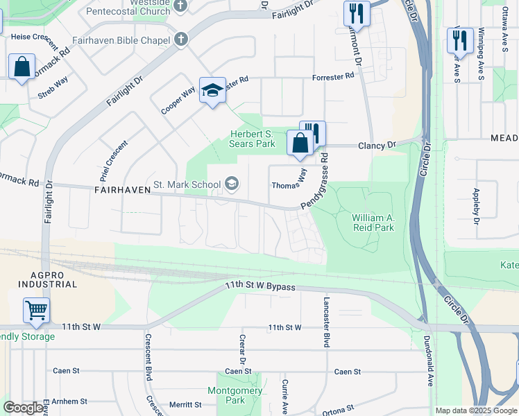 map of restaurants, bars, coffee shops, grocery stores, and more near 369 Pendygrasse Road in Saskatoon