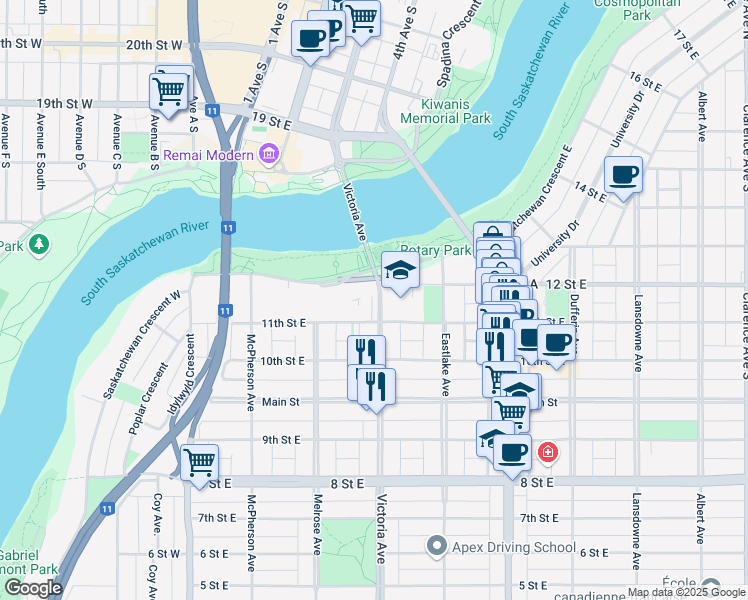 map of restaurants, bars, coffee shops, grocery stores, and more near 411 11th Street East in Saskatoon