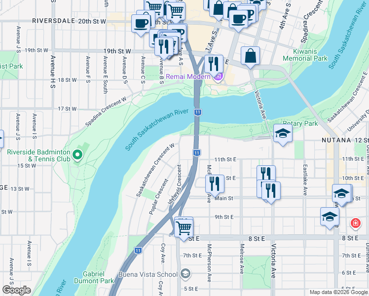 map of restaurants, bars, coffee shops, grocery stores, and more near 619 Idylwyld Crescent in Saskatoon