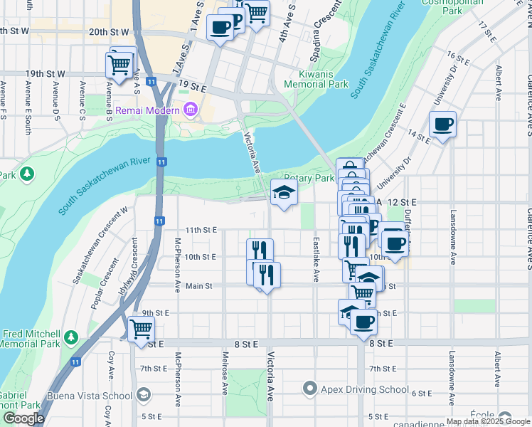 map of restaurants, bars, coffee shops, grocery stores, and more near in Saskatoon