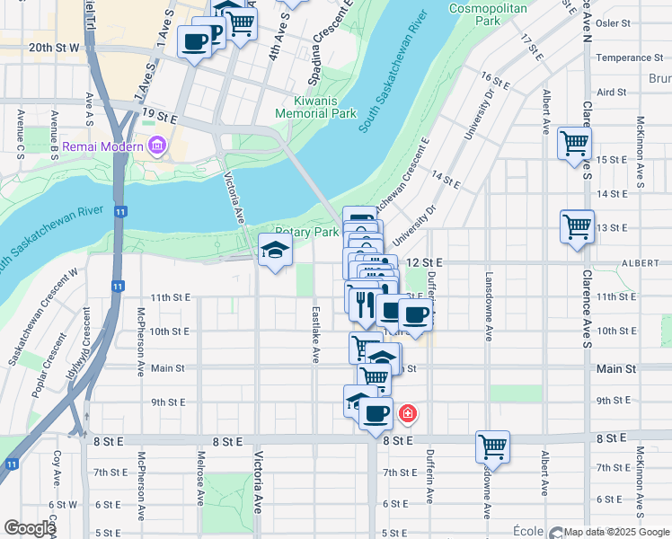 map of restaurants, bars, coffee shops, grocery stores, and more near 507 11th Street East in Saskatoon