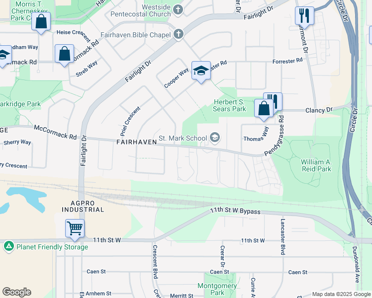 map of restaurants, bars, coffee shops, grocery stores, and more near 441 Pendygrasse Road in Saskatoon