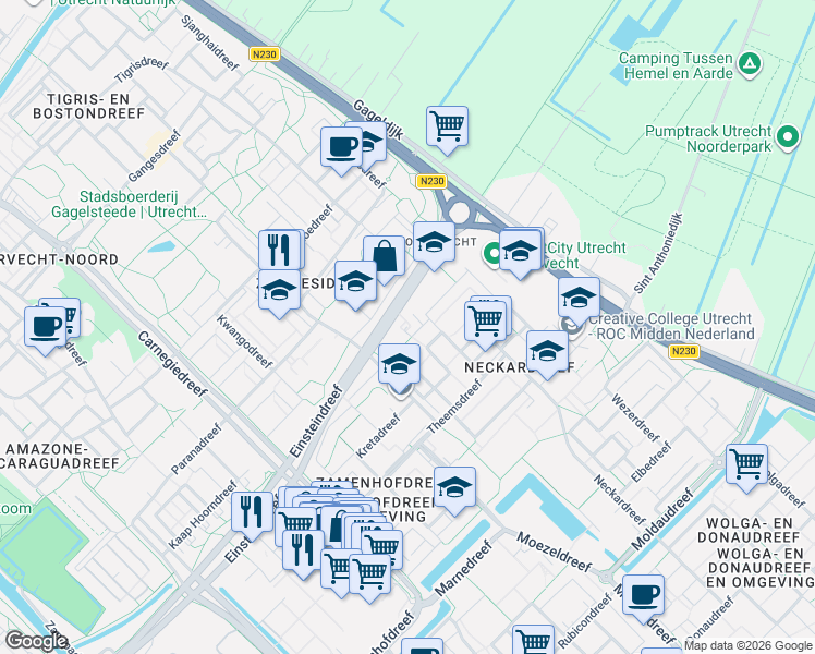 map of restaurants, bars, coffee shops, grocery stores, and more near 25 Lunenburchdreef in Utrecht