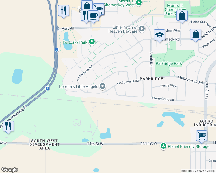 map of restaurants, bars, coffee shops, grocery stores, and more near 1007 McCormack Road in Saskatoon