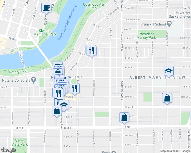 map of restaurants, bars, coffee shops, grocery stores, and more near 506 Lansdowne Avenue in Saskatoon