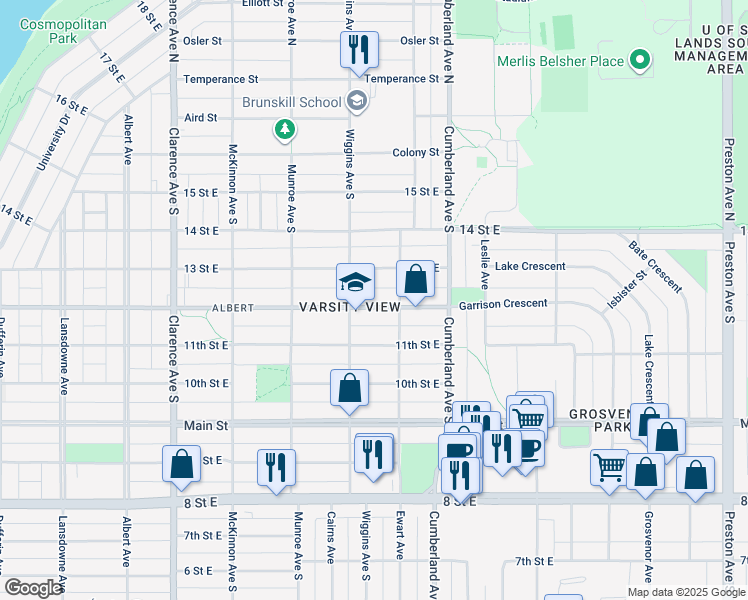 map of restaurants, bars, coffee shops, grocery stores, and more near 1315 12 Street East in Saskatoon