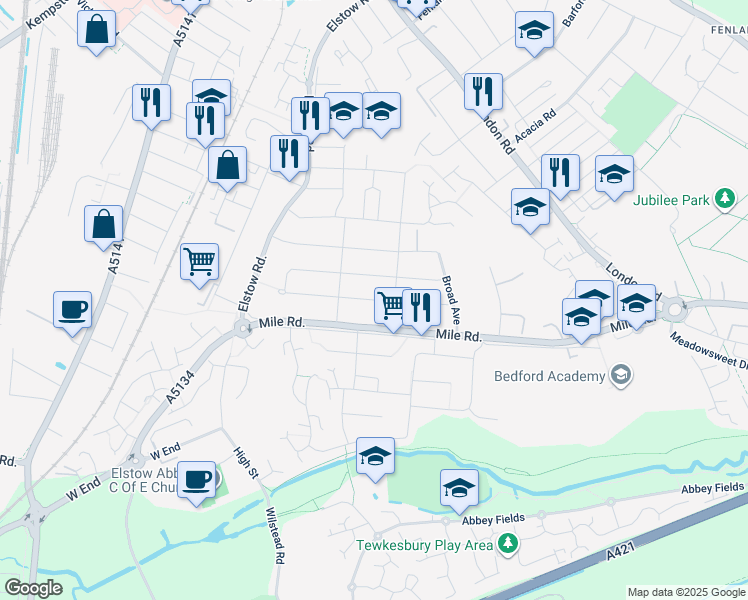 map of restaurants, bars, coffee shops, grocery stores, and more near Harewood Road in Bedford