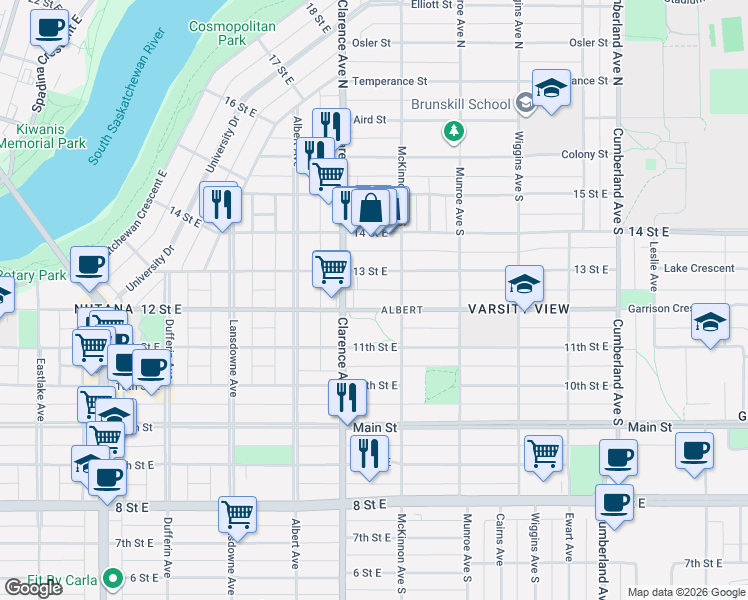 map of restaurants, bars, coffee shops, grocery stores, and more near 1016 C 13 Street East in Saskatoon