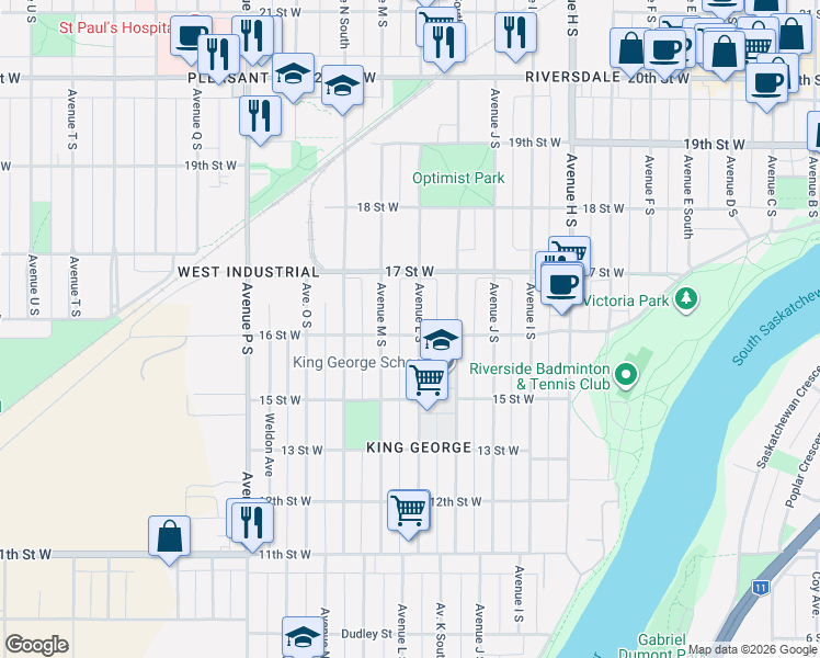 map of restaurants, bars, coffee shops, grocery stores, and more near in Saskatoon