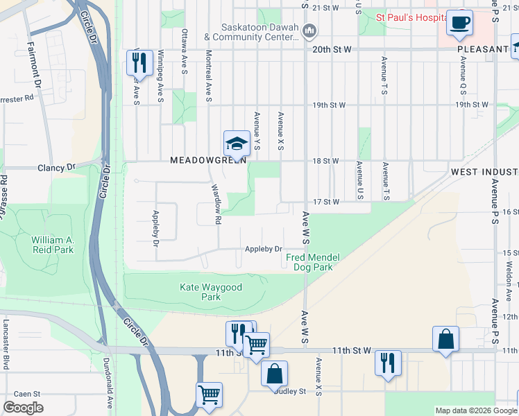 map of restaurants, bars, coffee shops, grocery stores, and more near 605 Avenue X South in Saskatoon