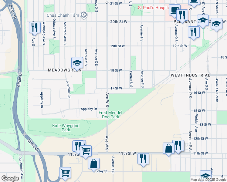 map of restaurants, bars, coffee shops, grocery stores, and more near 2207 17 Street West in Saskatoon