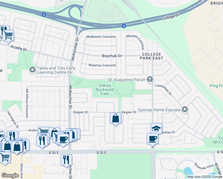 map of restaurants, bars, coffee shops, grocery stores, and more near 330 Waterloo Crescent in Saskatoon