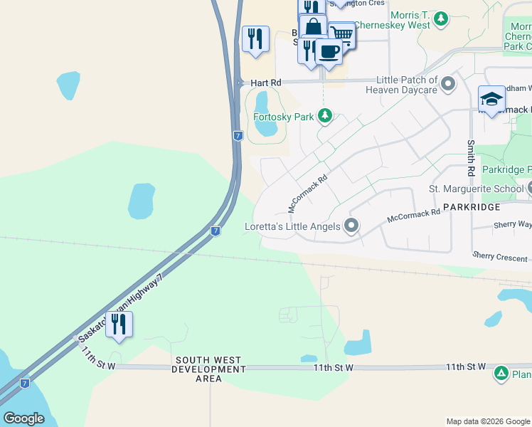map of restaurants, bars, coffee shops, grocery stores, and more near 123 Kinloch Crescent in Saskatoon