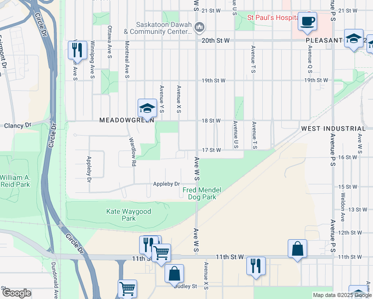 map of restaurants, bars, coffee shops, grocery stores, and more near 2310 17 Street West in Saskatoon