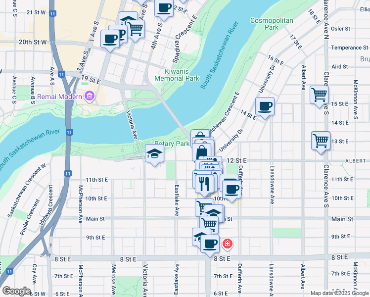 map of restaurants, bars, coffee shops, grocery stores, and more near 510 Saskatchewan Crescent East in Saskatoon