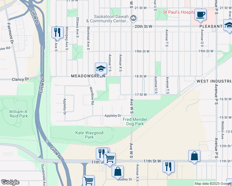 map of restaurants, bars, coffee shops, grocery stores, and more near 525 Avenue X South in Saskatoon