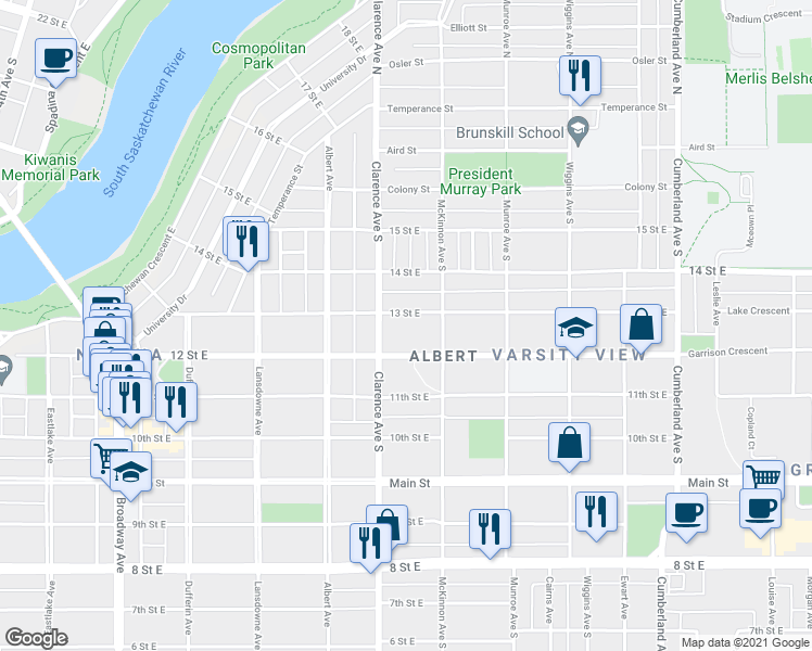 map of restaurants, bars, coffee shops, grocery stores, and more near 1016 C 13 Street East in Saskatoon