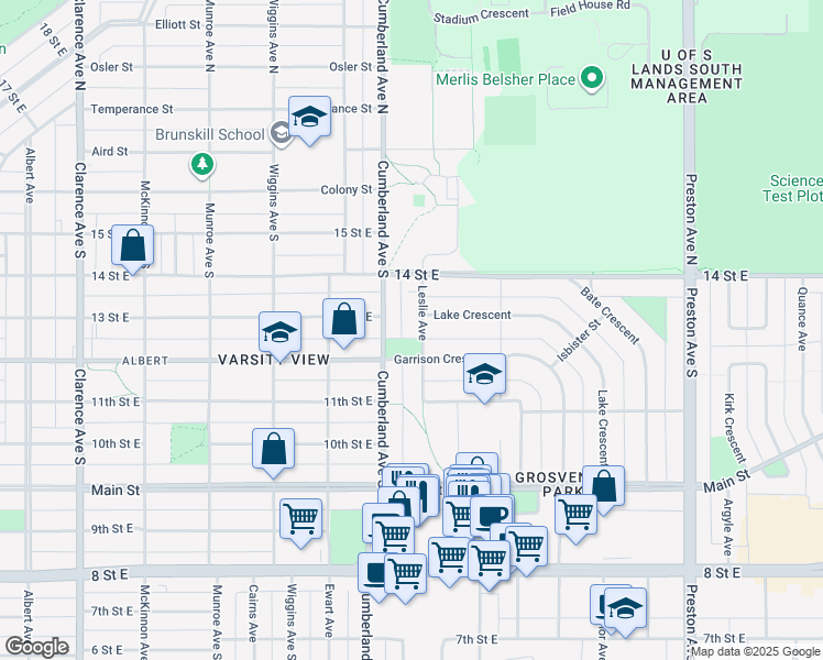 map of restaurants, bars, coffee shops, grocery stores, and more near 504 Leslie Avenue in Saskatoon
