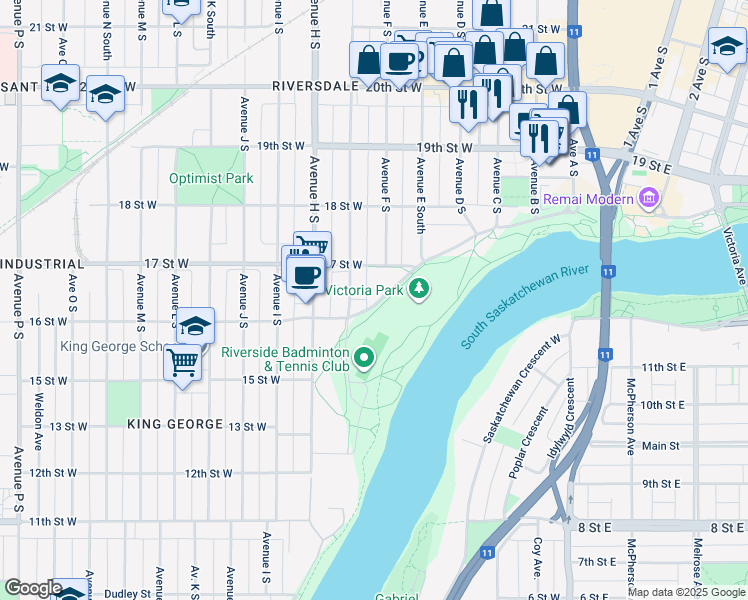 map of restaurants, bars, coffee shops, grocery stores, and more near 622 Spadina Crescent West in Saskatoon