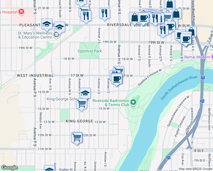 map of restaurants, bars, coffee shops, grocery stores, and more near 625 Avenue I South in Saskatoon