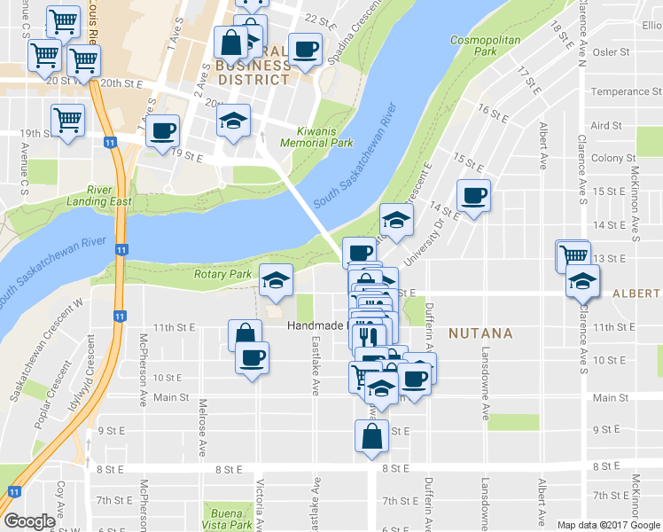map of restaurants, bars, coffee shops, grocery stores, and more near 510 Saskatchewan Crescent East in Saskatoon