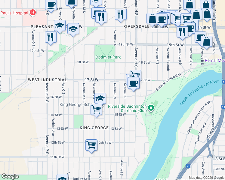 map of restaurants, bars, coffee shops, grocery stores, and more near 625 Avenue J South in Saskatoon