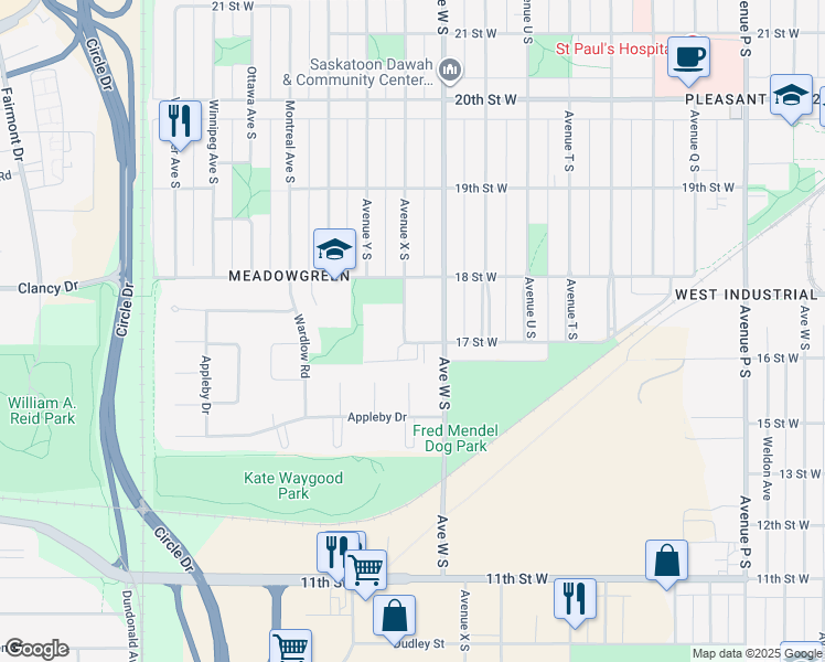 map of restaurants, bars, coffee shops, grocery stores, and more near 2310 17 Street West in Saskatoon
