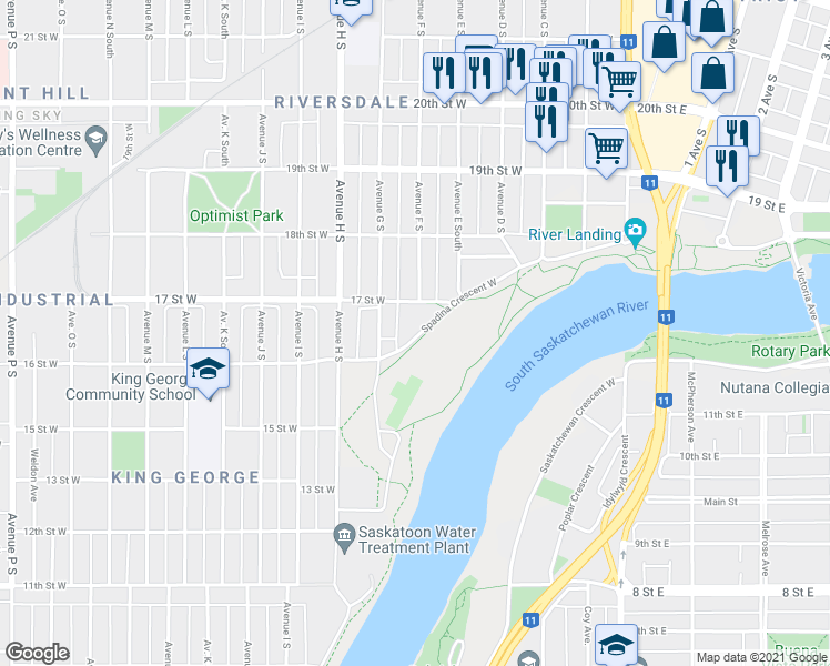 map of restaurants, bars, coffee shops, grocery stores, and more near 622 Spadina Crescent West in Saskatoon