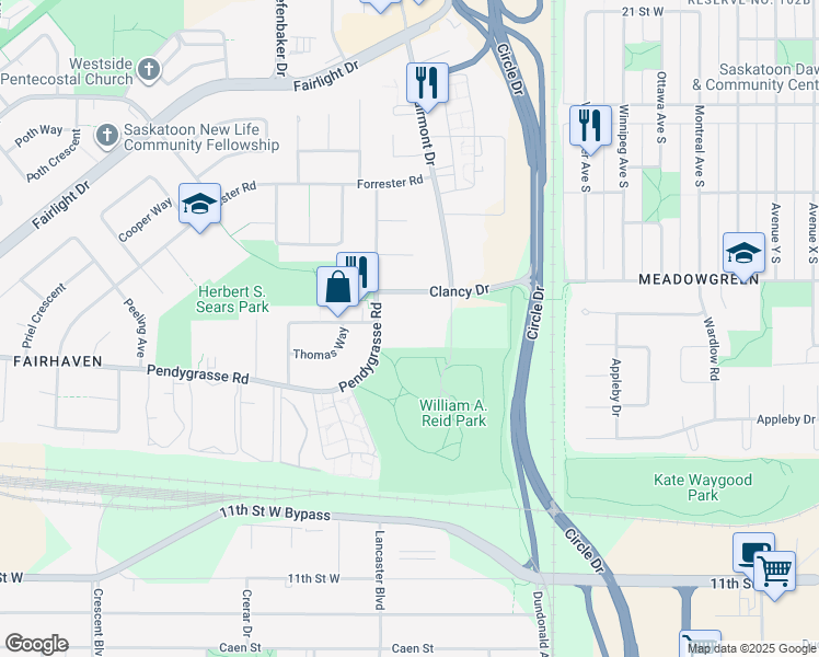 map of restaurants, bars, coffee shops, grocery stores, and more near 422 Fairmont Drive in Saskatoon