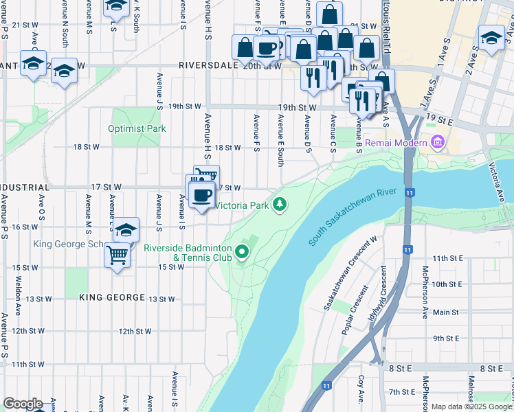 map of restaurants, bars, coffee shops, grocery stores, and more near 622 Spadina Crescent West in Saskatoon