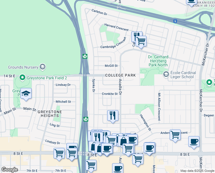 map of restaurants, bars, coffee shops, grocery stores, and more near 34 Rawson Crescent in Saskatoon