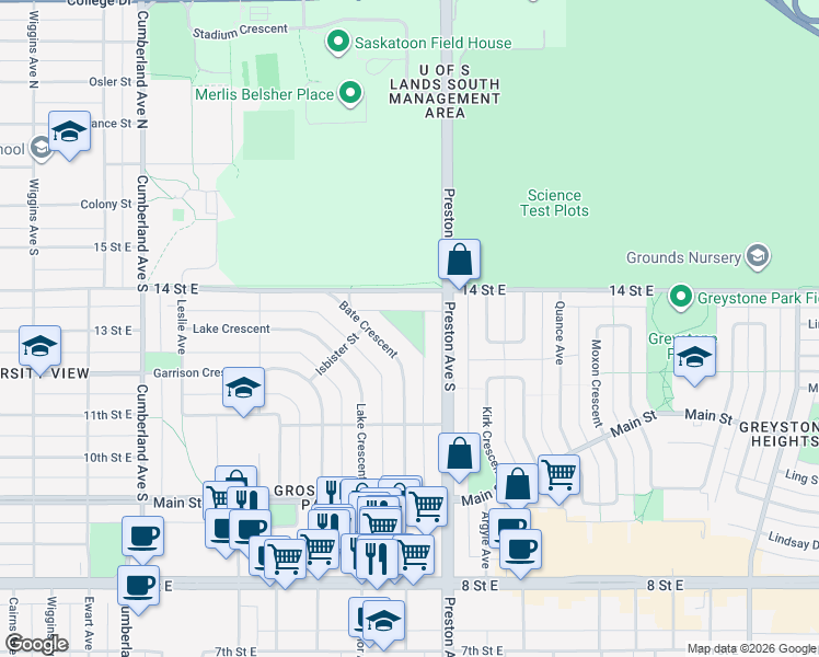 map of restaurants, bars, coffee shops, grocery stores, and more near 403 Bate Crescent in Saskatoon
