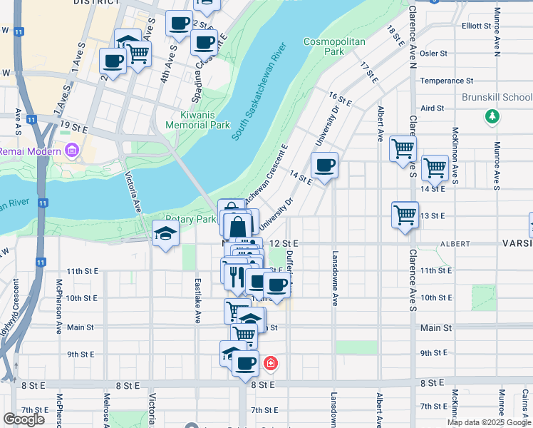 map of restaurants, bars, coffee shops, grocery stores, and more near in Saskatoon