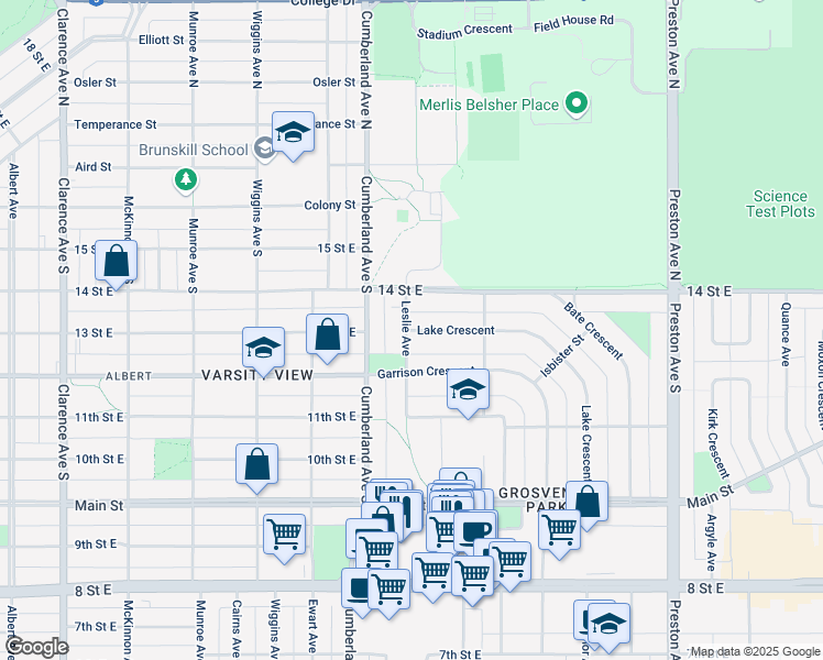 map of restaurants, bars, coffee shops, grocery stores, and more near 205 Lake Crescent in Saskatoon