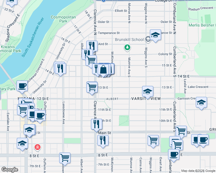 map of restaurants, bars, coffee shops, grocery stores, and more near 1040 13 Street East in Saskatoon