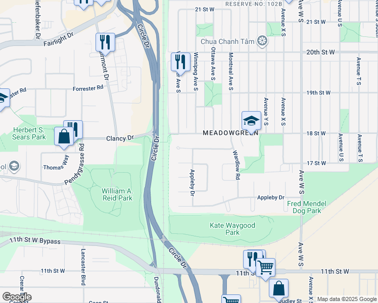 map of restaurants, bars, coffee shops, grocery stores, and more near 206 Appleby Drive in Saskatoon