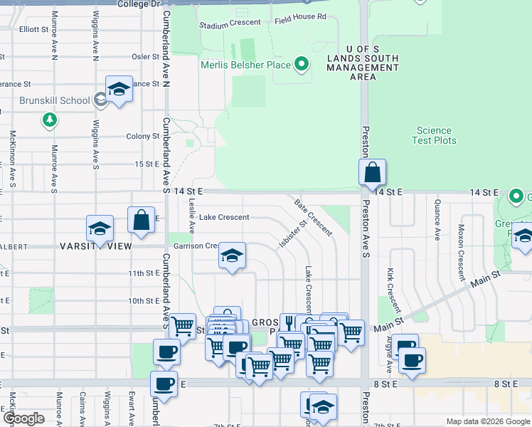 map of restaurants, bars, coffee shops, grocery stores, and more near 311 Lake Crescent in Saskatoon