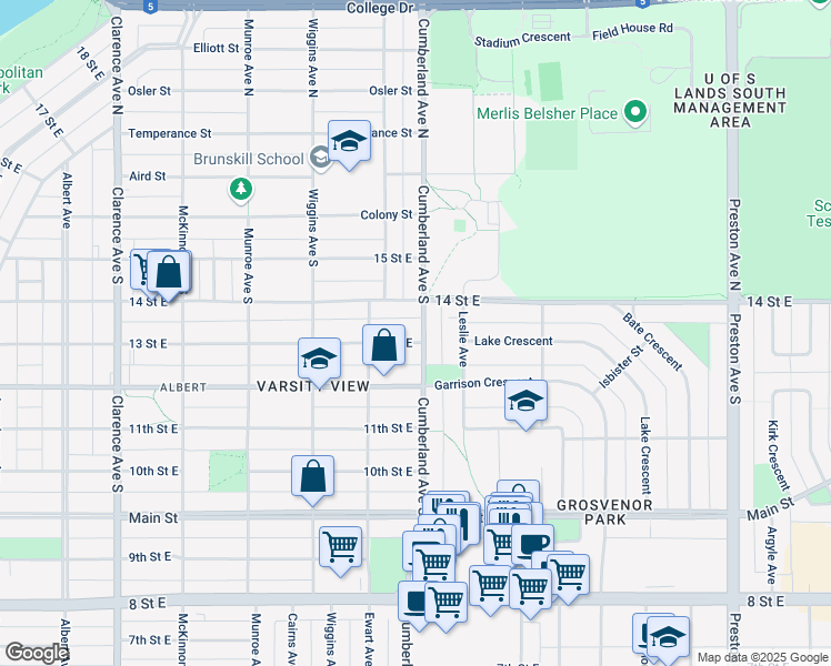 map of restaurants, bars, coffee shops, grocery stores, and more near 420 Cumberland Avenue South in Saskatoon