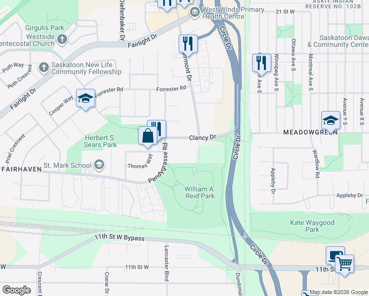map of restaurants, bars, coffee shops, grocery stores, and more near 121 Clancy Drive in Saskatoon