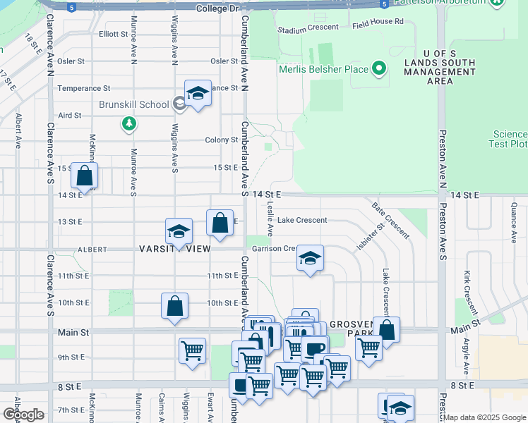 map of restaurants, bars, coffee shops, grocery stores, and more near 504 Leslie Avenue in Saskatoon
