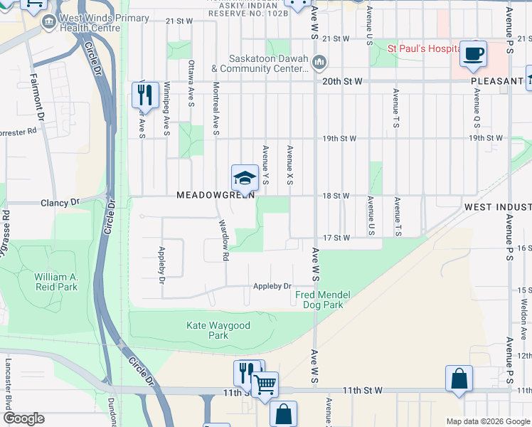 map of restaurants, bars, coffee shops, grocery stores, and more near 521 Avenue X South in Saskatoon
