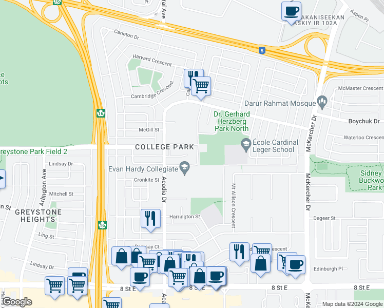 map of restaurants, bars, coffee shops, grocery stores, and more near 223 Acadia Place in Saskatoon