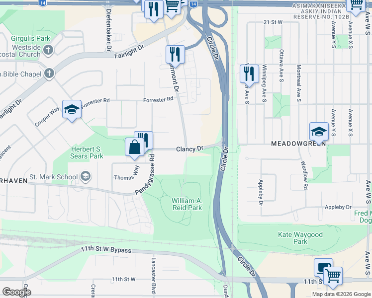 map of restaurants, bars, coffee shops, grocery stores, and more near Clancy Drive in Saskatoon