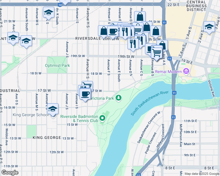 map of restaurants, bars, coffee shops, grocery stores, and more near 527 Avenue F South in Saskatoon