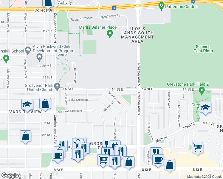 map of restaurants, bars, coffee shops, grocery stores, and more near 14 Street East in Saskatoon
