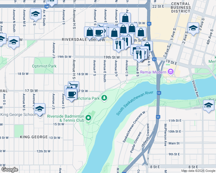 map of restaurants, bars, coffee shops, grocery stores, and more near 430 Spadina Crescent West in Saskatoon