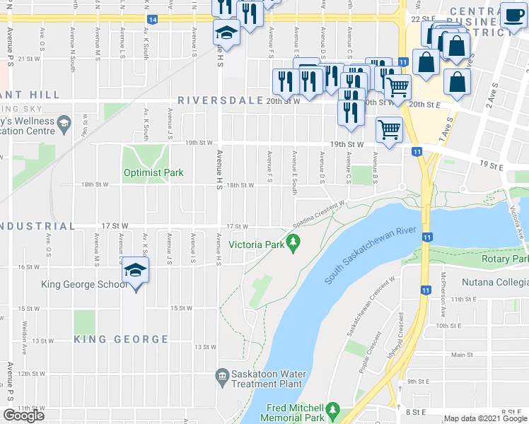 map of restaurants, bars, coffee shops, grocery stores, and more near 527 Avenue F South in Saskatoon