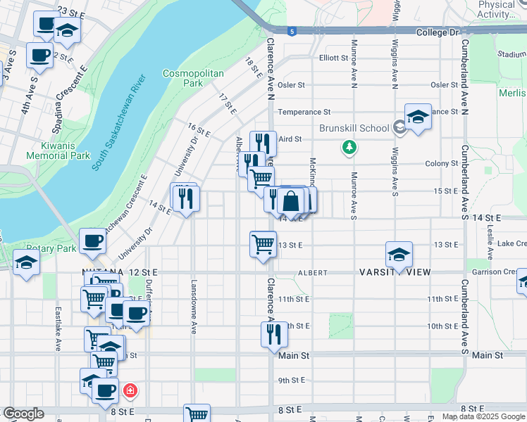 map of restaurants, bars, coffee shops, grocery stores, and more near 320 Clarence Avenue South in Saskatoon