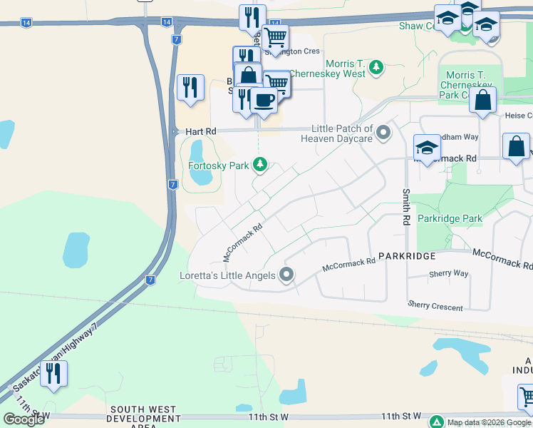 map of restaurants, bars, coffee shops, grocery stores, and more near 750 McCormack Road in Saskatoon