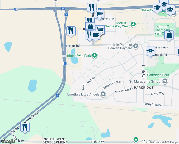 map of restaurants, bars, coffee shops, grocery stores, and more near 812 McCormack Road in Saskatoon